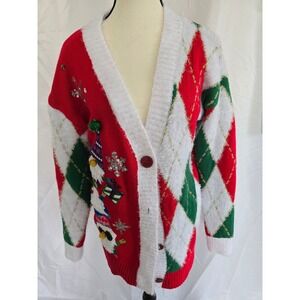 Holiday Time Red Argyle Gnome Christmas Sweater Cardigan Women's Size‎ S